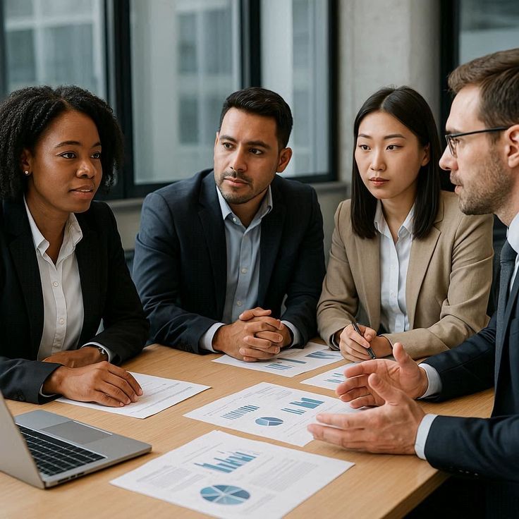 Professionals reviewing an organisational workflow diagram on a large screen in a bright studio