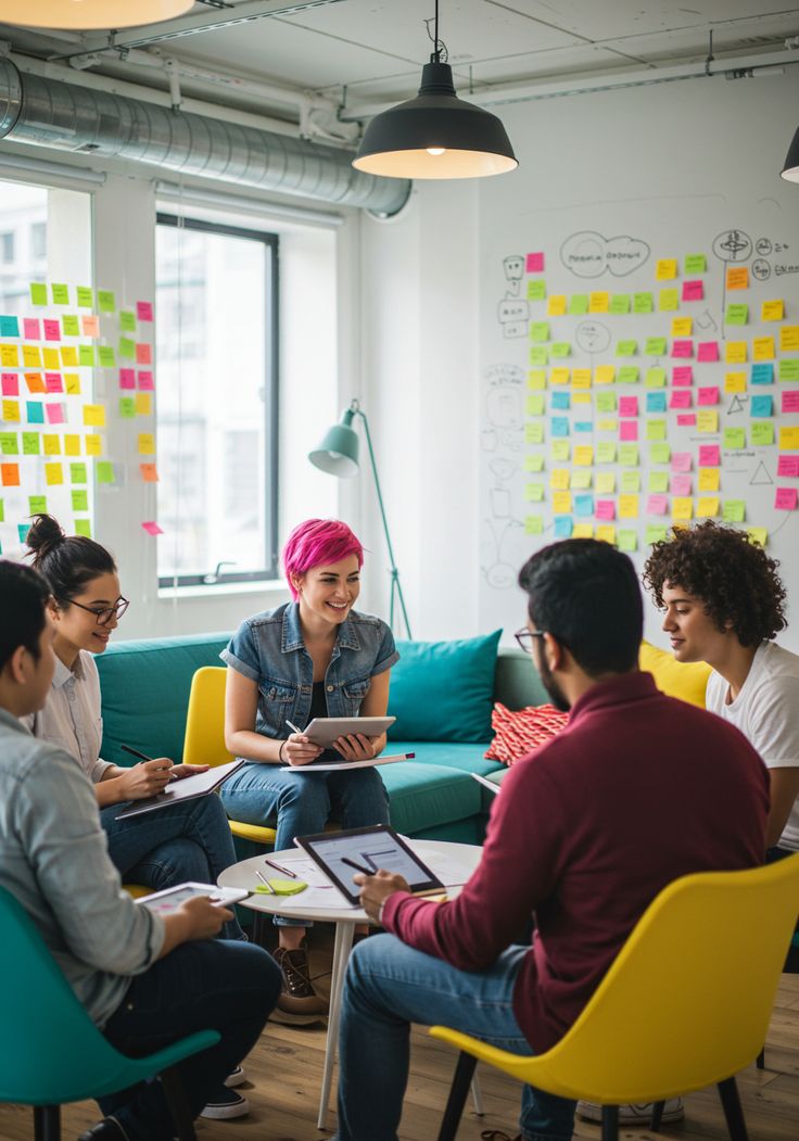 Small team collaborating around a table with notebooks and a flow chart sketch